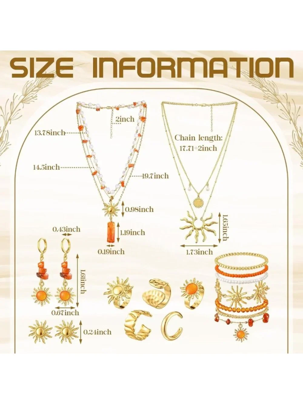 16-Piece Gold Sun Jewelry Set for Women - Sunburst Earrings & Rings Collection